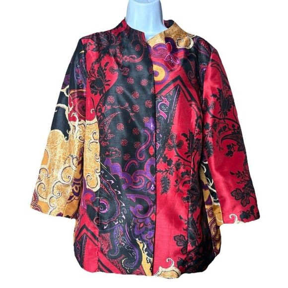 CHICO'S Jacket Size 2 Large Multicolor Tapestry Print Open Cardigan Blazer - Picture 2 of 14